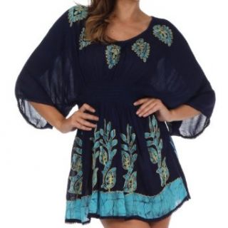 Sakkas 982 Embroidered Batik Gauzy Cotton Tunic Blouse   Blue / Turquoise   One Size