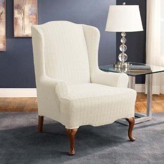 Stretch Squares Wing Chair Slipcover Color Ivory   Armchair Slipcovers