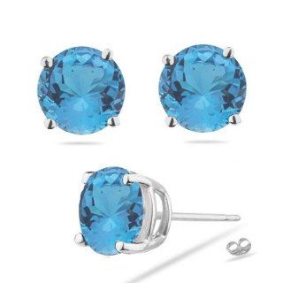 2.00 Cts of 6 mm AA Round Swiss Blue Topaz Stud Earrings in 14K White Gold Screw Backs Jewelry