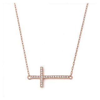 Sterling Silver Womens Side Cross Rose Gold Plated Pendant Necklace w/ CZ   16 Inches Adjustable Jewelry