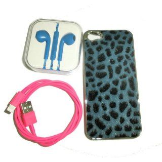 Ayangyang Purple Leopard Grain Case for Iphone + 1m Rose Date Cable for Iphone + Blue Earphone for Iphone 5 Cell Phones & Accessories