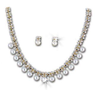 Gold Tone White Simulated Pearl Rhinestone Bridal Wedding Necklace Earring Set Jewelry