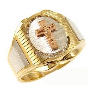 14k Tricolor Gold, Religious Cross Fancy Ring For Men Guy Gent with Brilliant Lab Created Gems Jewelry