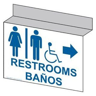 Restrooms With Symbol Right Sign RRB 6987Ceiling BLUonWHT Restrooms  Business And Store Signs 
