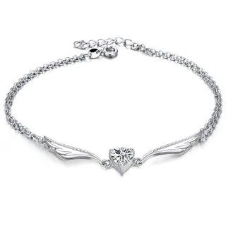 Anklet Ankle Bracelet Angel Wings and 1.5 Carats Clear Heart Cubic Zirconia Crystal, 8.5 to 9.5 In. Long Jewelry