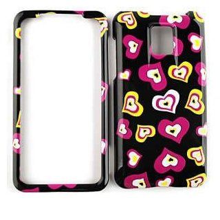 LG OPTIMUS G2X Multi Funky Hearts on Black HARD PROTECTOR COVER CASE / SNAP ON PERFECT FIT CASE Cell Phones & Accessories
