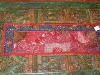 Ethnic India Red Beaded Antique Wall Hanging Sari Tapestry Table Runner  