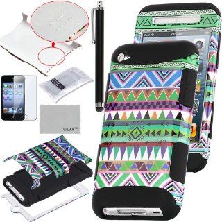 Pandamimi ULAK(TM) 3 Piece Hybrid High Impact Case Tribal Pattern Soft Silicone for Apple iPod Touch Generation 4 and Screen Protector with Stylus (Black  Green Tribal) Cell Phones & Accessories
