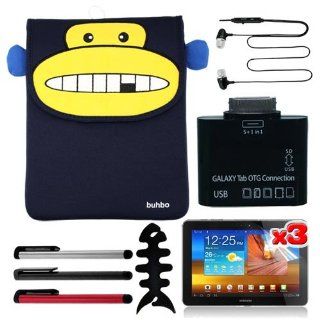 Premium 3 Packs of LCD Clear Screen Protector + MOMO the Monkey Memory Foam Case + Black Earphone Headset With MIC + Fishbone Holder + Black/Red/Silver Touch Screen Stylus Pen + 5 In 1 Card Reader OTG connection kit For Samsung Galaxy Tab 10.1 P7510 By Buh