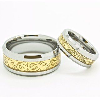 Matching Set 7mm & 10mm Tungsten Carbide Wedding Bands with Gold Plated Celtic Dragon Inlay (Us Sizes 7mm 4 15, 10mm 7 17, Half Sizes Available) Wedding Ring Sets Jewelry