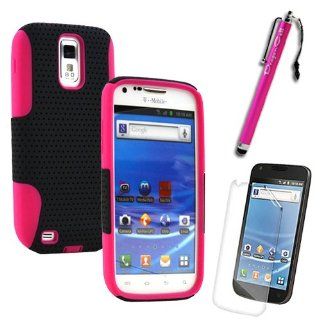 MINITURTLE Samsung Galaxy S2 Hercules T989 / SGH T989 (T mobile Version) Dual Layer Hybrid Mesh Shield Protector Cover Case with Bonus Screen Protective Film and Stylus Pen (Black and Pink) Cell Phones & Accessories