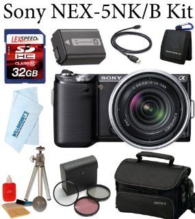 Sony NEX 5NK 16.1 MP Compact Interchangeable Lens Touchscreen Digital Camera (Black) + Sony E Mount SEL 18 55mm f/3.5 5.6 Zoom Lens + Sony Camera Case + Spare Battery + 32GB SDHC Memory Card + Professional Tripod + 3pc Filter Kit + Card Reader  Digital Sl