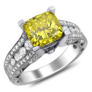 2.60ct Fancy Canary Yellow Cushion Cut Diamond Engagement Ring 18k White Gold with a 1.50ct Center Diamond and 1.10ct of Surrounding Diamonds Jewelry