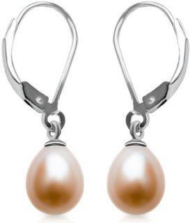 18k Gold Over Sterling Silver 7 7.5mm Pink Peach Cultured Freshwater Pearl High Luster, Leverback Earring AAA Quality. Drop Earrings Jewelry