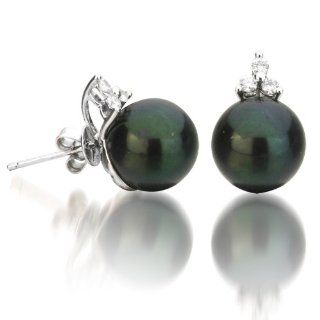 14k White Gold 9 10mm Black Freshwater Cultured Pearl Earrings with Diamonds AAA quality Stud Earrings Jewelry