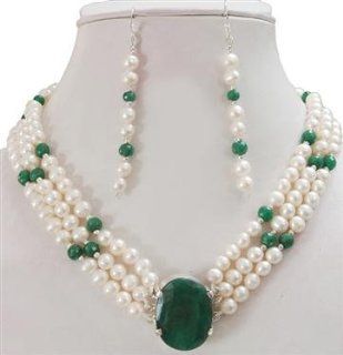 Amazing Natural Faceted Emerald & Fresh Water Pearl Beaded Choker with 925 Sterling Silver Oval Emerald Clasp + Free Earrings Jewelry