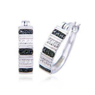 Sterling Silver Black and White Cubic Zirconia Bar Set Hoop Earrings Jewelry