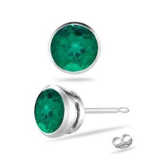1.75 Cts of 8 mm AAA Round Russian Lab Created Emerald Mens Stud Earring in 14K White Gold Jewelry