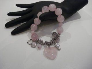 Natural Semi Preciouse Large Pink Quartz Heart and Circle Beaded Charm Bracelet  Other Products  
