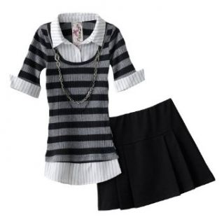 Knitworks Mock Layer Striped Sweater & Scooter Set (Medium (10/12), White/Black/Charcoal) Clothing