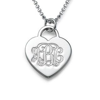 Sterling Silver Engraved Heart Necklace with Monogram Rings Jewelry