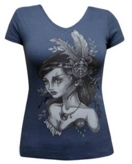 Juniors Wind by Erica Flannes Tattooed Indian Girl Tattoo V Neck T Shirt Blue Fashion T Shirts