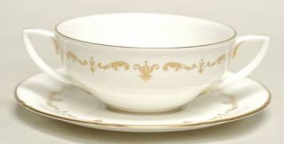 Royal Worcester Gold Chantilly Flat Cream Soup Bowl & Saucer Set, Fine China Din