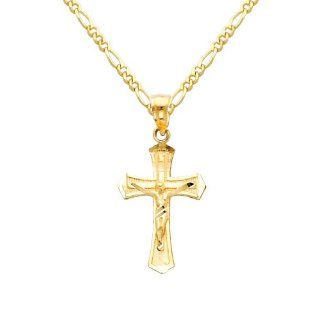 14K Yellow Gold Jesus Cross Religious Charm Pendant with Yellow Gold 1.6mm Figaro Chain Necklace with Spring Clasp   Pendant Necklace Combination (Different Chain Lengths Available) The World Jewelry Center Jewelry