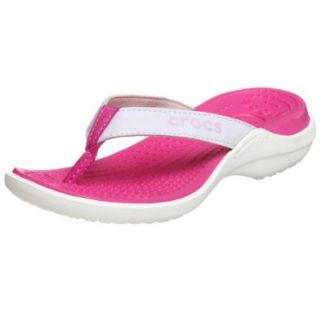 Crocs Women's Capri Thong, White/Fuchsia, 4 M Sandals Shoes