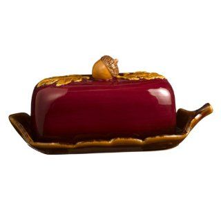 Grasslands Road Home Again Ceramic Butter Dish with Acorn Handled Lid and Leaf Motif Tray Kitchen & Dining