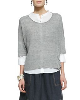 Eileen Fisher 3/4 Sleeve Linen Blend Knit Top, Mandarin Collar Shirt & Linen Knee Length Skirt
