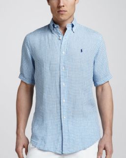 Polo Ralph Lauren Gingham Short Sleeve Linen Shirt, Light Blue