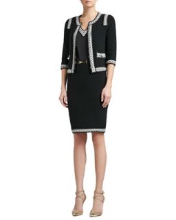 St. John Collection Grasse Tweed Knit 3/4 Sleeve Jacket with Crochet Trim, Grasse Tweed Knit Pencil Skirt & Beaded Liquid Satin Cap Sleeve Blouse with Crochet Trim