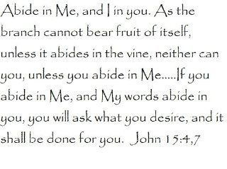 Abide in Me, and I in you. As the branch cannot bear fruit of itself, unless it abides in the vine, neither can you, unless you abide in MeIf you abide in Me, and My words abide in you, you will ask what you desire, and it shall be done for you. John 15