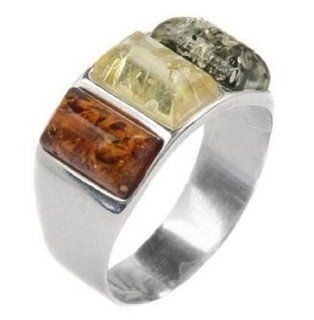 Multicolor Amber and Sterling Silver Triple Square Ring Size 5, 6, 7, 8, 9, 10, 11, 12 Colored Rings Jewelry