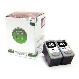 Canon PG 40 & CL 41 Premium Remanufactured Ink Cartridges by Green Park Products. The box contains 1 Canon PG 40 Black and 1 Canon CL 41 Tri Color inkjet Cartridges.For use in Canon PIXMA iP1600, Canon PIXMA iP1700, Canon PIXMA iP1800, Canon PIXMA iP26