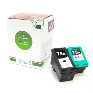 Green Park Products HP 74xl & 75xl 2 Pack Premium Remanufactured Ink Cartridges. The Box Contains 1 HP 74xl (CB336) Black, and 1 HP 75xl (CB338) Color Inkjet Cartridges.