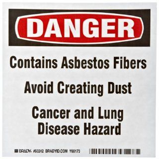Brady 60242 6" Width x 6" Height Self Adhesive Vinyl, Black, Red on White Asbestos Label, Legend "Danger Contains Asbestos Fibers Avoid Creating Dust Cancer and Lung Disease Hazard" (Pack of 100) Industrial Warning Signs Industrial &a