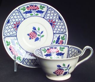 Wedgwood Cheadle Footed Cup & Saucer Set, Fine China Dinnerware   Blue Lattice,