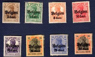 Postage Stamps Belgium. Eight Stamps Surcharged Belgien Issued Under German Occupation dated 1916 18, Scott # N11, N12, N13, N14, N15, N17, N18 and N19. 