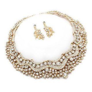 Bridal Wedding Jewelry Set Crystal Rhinestones Stunning Bib Necklace Gold Jewelry