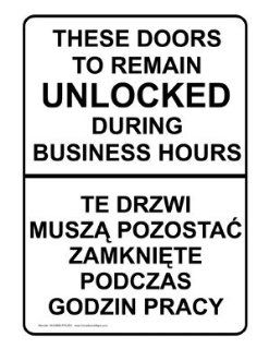 Doors Remain Unlocked During Business Hours Sign NHI 8662 POLISH  Business And Store Signs 