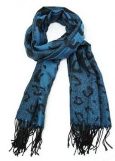Pashmina Scarf With Oversized Leopard Spots   Fine Blue Cashmere Wool Scarf