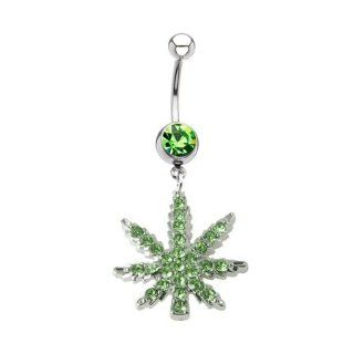 Belly Button Rings Pot Leaf Dangle Navel Ring with Green Gem Stones 14G Comes with 1 Belly Retainer Jewelry