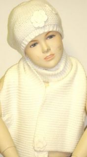 Hand Crocheted White Acrylic Eighty Two By Eight Inches Scarf Hat Set for Children with Rosettes Cold Weather Accessory Sets Clothing