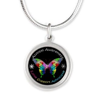 Autism Awareness Butterfly Silver Round Necklace by tmktshirt