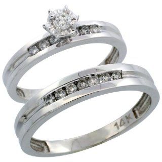 14k White Gold 2 Piece Diamond Ring Band Set w/ Rhodium Accent ( Engagement Ring & Man's Wedding Band ), w/ 0.35 Carat Brilliant Cut Diamonds, ( 3mm; 4mm ) wide, Size 7 Jewelry