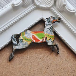 green and red wooden carousel horse brooch by artysmarty