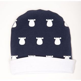 organic navy hat with white solid cow print by mittymoos