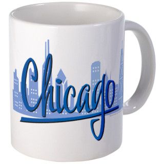 Chicago Skyline and Dark Blue Script Mug by citytease